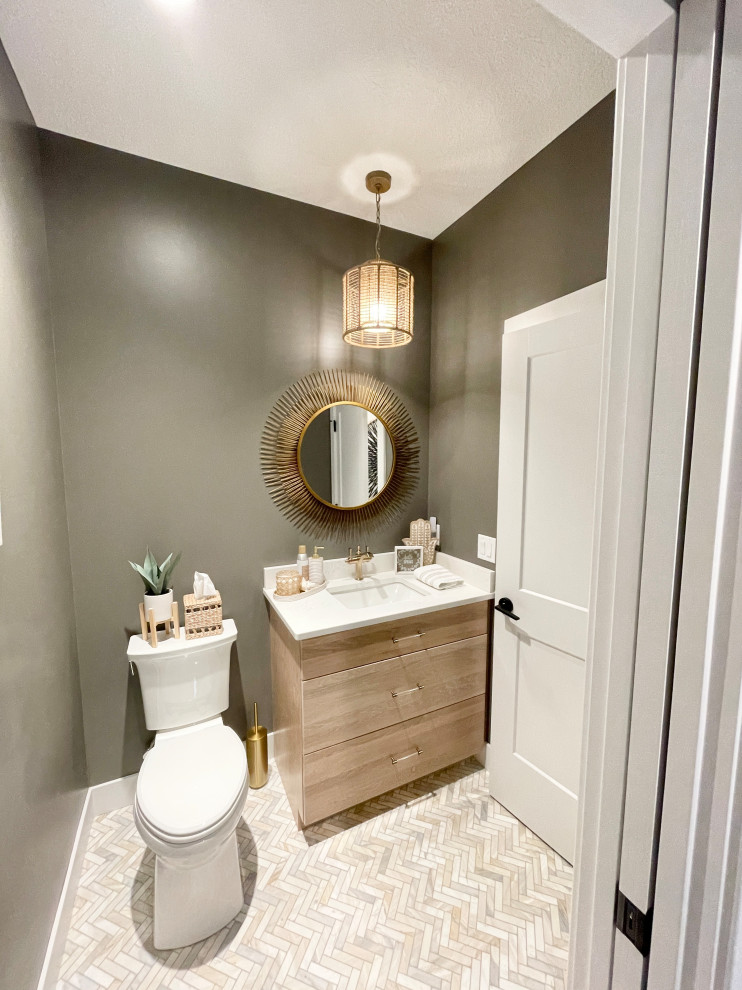 Design ideas for a large transitional 3/4 bathroom in Other with flat-panel cabinets, white cabinets, light hardwood floors, engineered quartz benchtops, white benchtops, a single vanity, a built-in vanity and exposed beam.