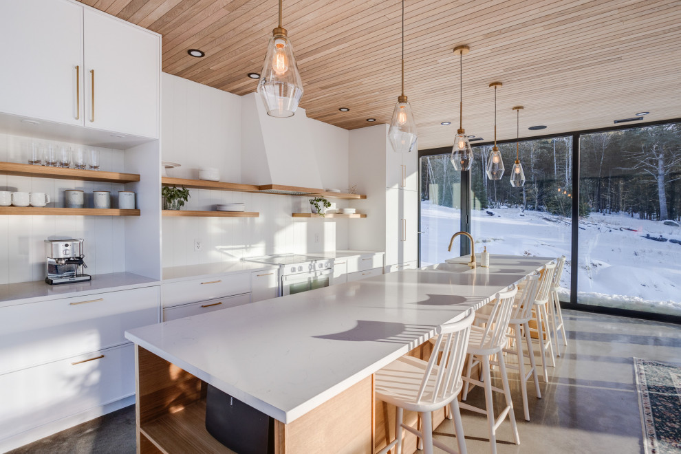 Design ideas for a scandinavian galley kitchen in Montreal with an undermount sink, flat-panel cabinets, white cabinets, white splashback, shiplap splashback, concrete floors, with island and wood.