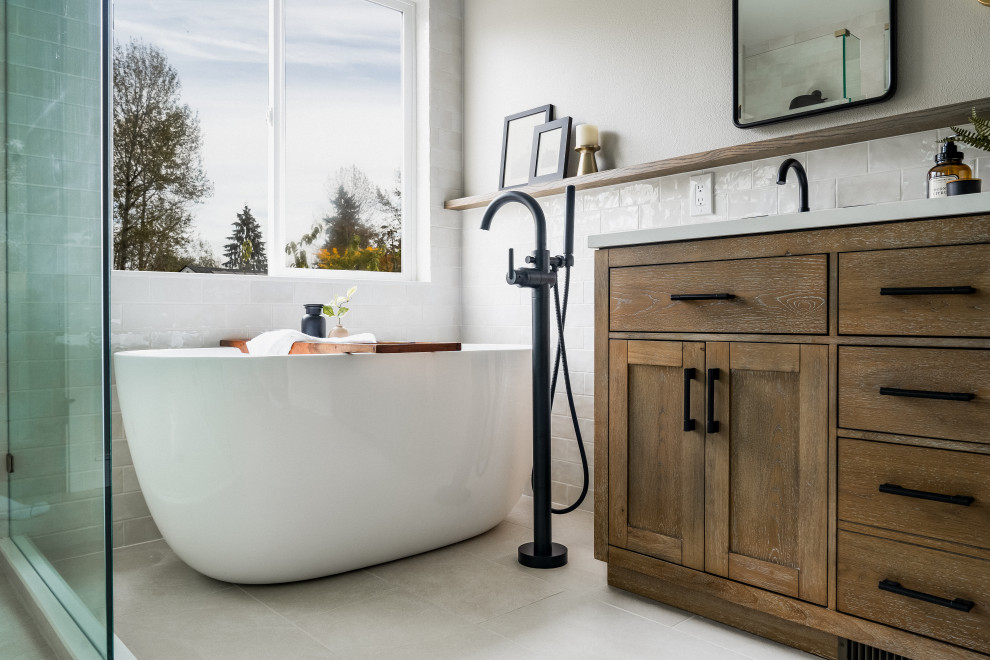 Inspiration for a small cottage double-sink corner shower remodel in Seattle with shaker cabinets, quartz countertops, a hinged shower door and a freestanding vanity