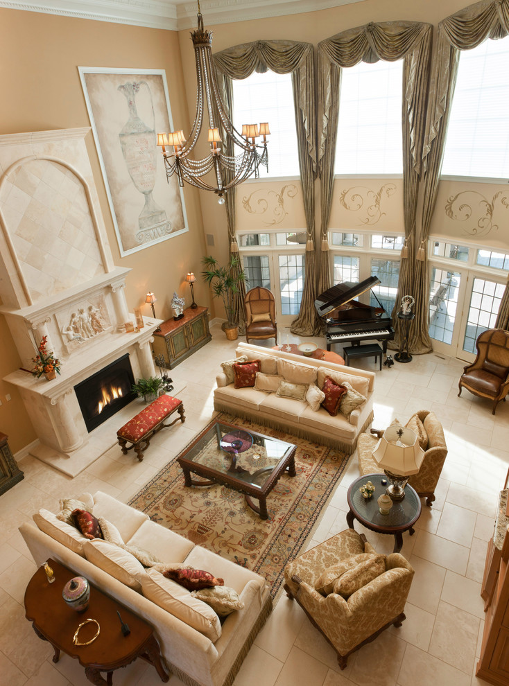 Mediterranean formal loft-style living room in Milwaukee with beige walls, ceramic floors, a standard fireplace, a stone fireplace surround and no tv.