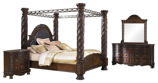 Ashley North Shore 4 Piece Bedroom Set Eastern King Poster Canopy Brown