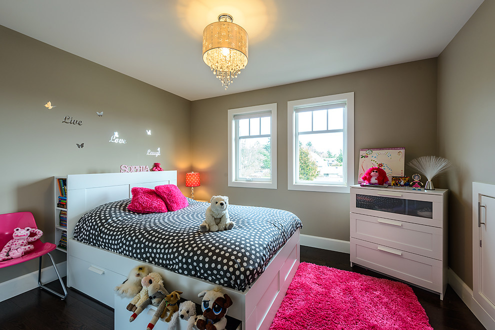 Inspiration for a contemporary kids' bedroom for kids 4-10 years old and girls in Vancouver with dark hardwood floors and grey walls.