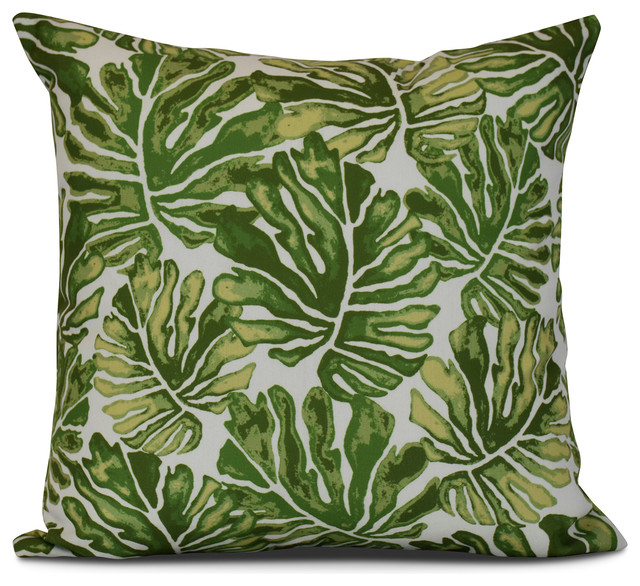 16x16", Palm Leaves, Floral Print Outdoor Pillow, Blue Tropical Outdoor Cushions And Pillows