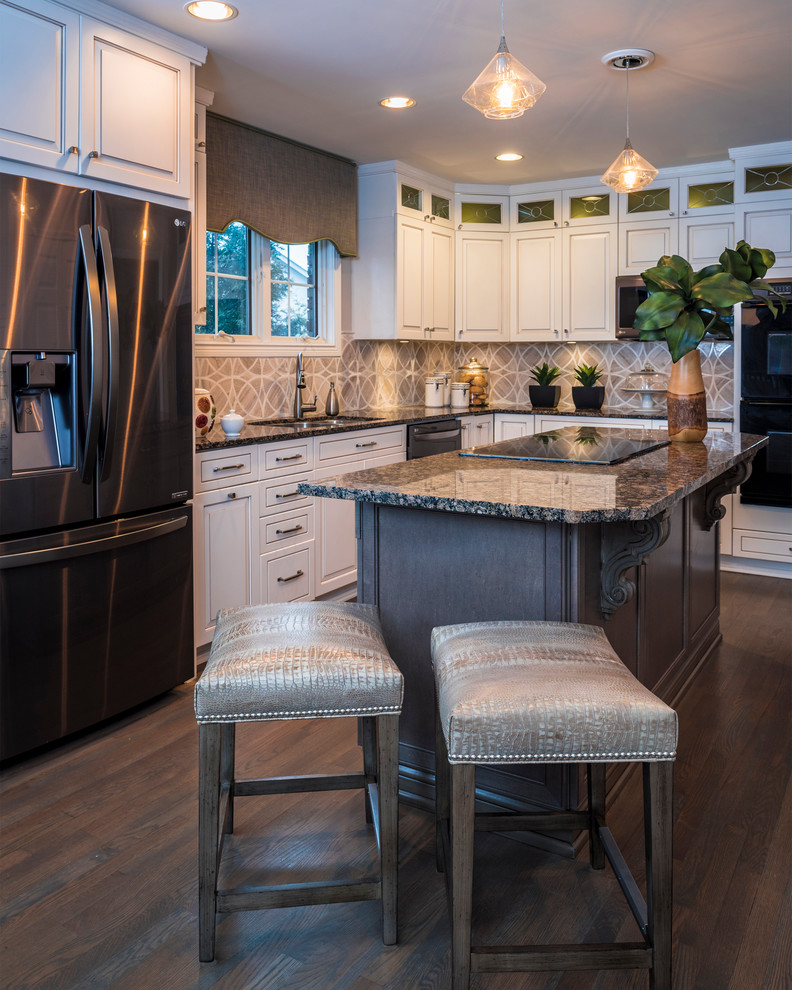 Eat-in kitchen - mid-sized transitional dark wood floor and gray floor eat-in kitchen idea in Cincinnati with a double-bowl sink, glass-front cabinets, white cabinets, granite countertops, beige backsplash, mosaic tile backsplash, stainless steel appliances and an island