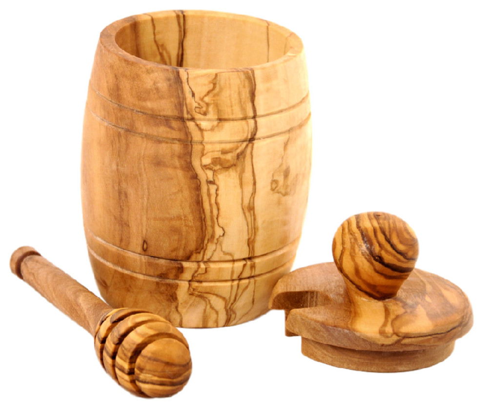 Olive Wood Large Honey Jar Set Including Honey Dipper Handmade Wooden Honey Pot Sale