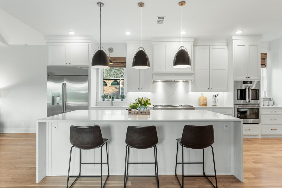 Large transitional single-wall open concept kitchen photo in Dallas with an island