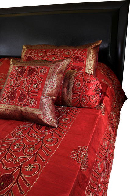 Ornamental Embroidered 7 Piece Duvet Cover Set Asian Ornamental Embroidered 7 Piece Duvet Cover Set Saffron Red King Asian