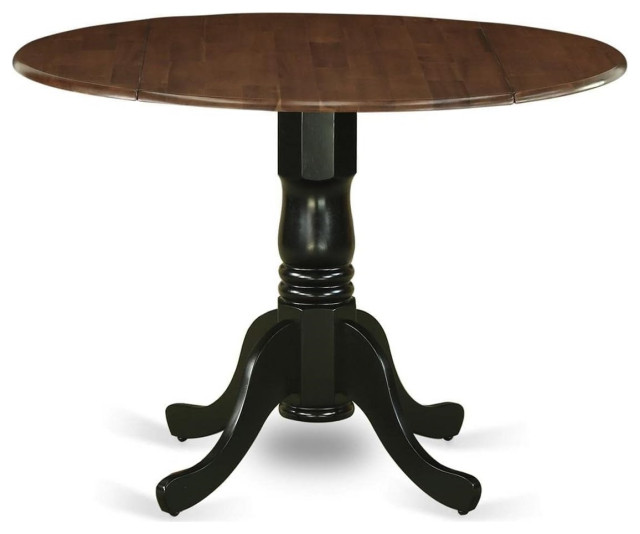 Walnut & Black Round Dining Table with Drop Leaf and Pedestal Base ...