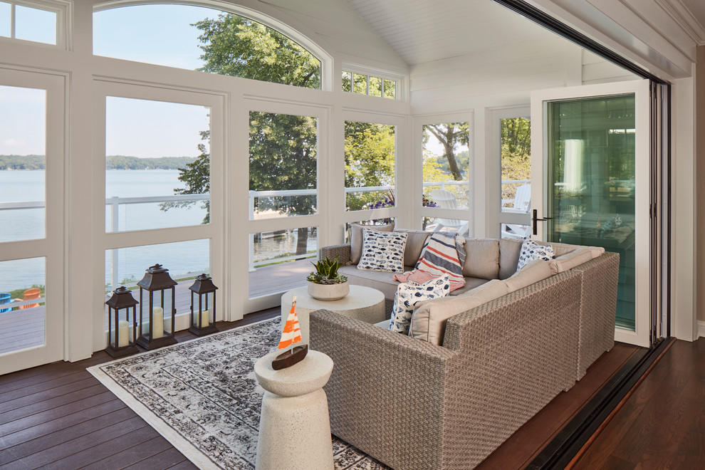 Inspiration for a beach style sunroom in Milwaukee with dark hardwood floors, no fireplace, a standard ceiling and brown floor.