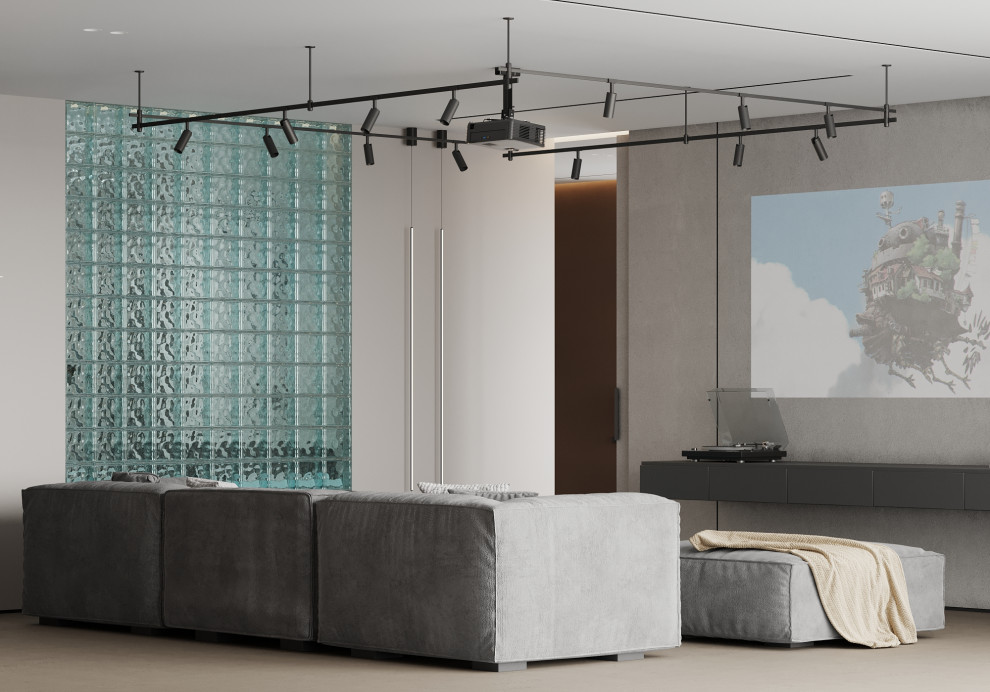 Свежая идея для дизайна: гостиная комната среднего размера в современном стиле с серыми стенами, полом из винила, скрытым телевизором, зоной отдыха и серым полом - отличное фото интерьера