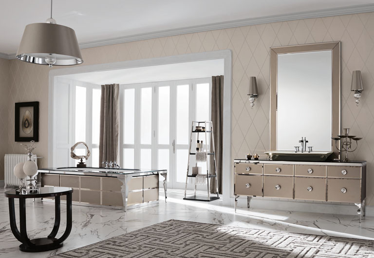 Foto di una grande stanza da bagno padronale chic con vasca freestanding, un lavabo e mobile bagno freestanding