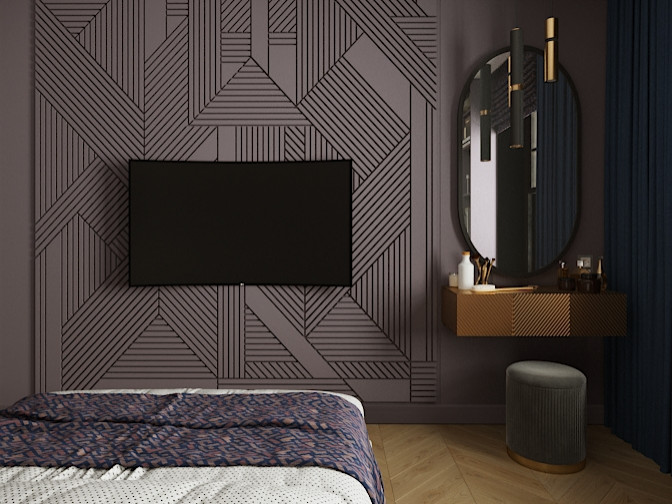 Источник вдохновения для домашнего уюта: хозяйская спальня среднего размера в современном стиле с фиолетовыми стенами, полом из ламината и коричневым полом