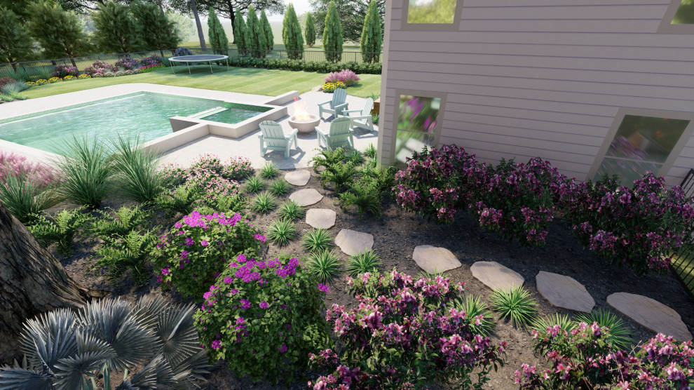 Стильный дизайн: засухоустойчивый сад среднего размера на заднем дворе в морском стиле с перегородкой для приватности, полуденной тенью, мощением клинкерной брусчаткой и с каменным забором - последний тренд