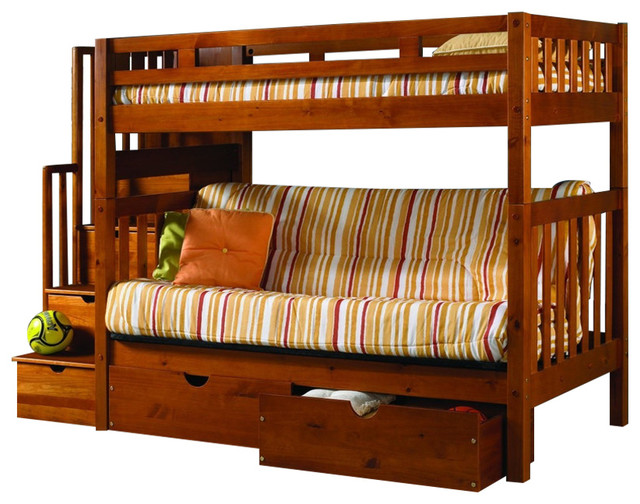 wooden bunk beds with drawers