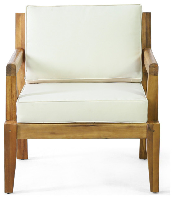 Camak Outdoor Acacia Wood Club Chair With Cushions, Teak and Beige