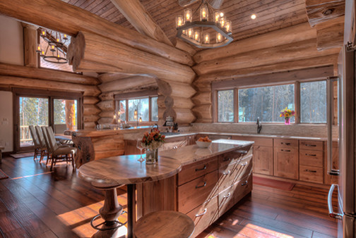 Open concept kitchen - mid-sized rustic u-shaped medium tone wood floor open concept kitchen idea in Denver with shaker cabinets, light wood cabinets and an island