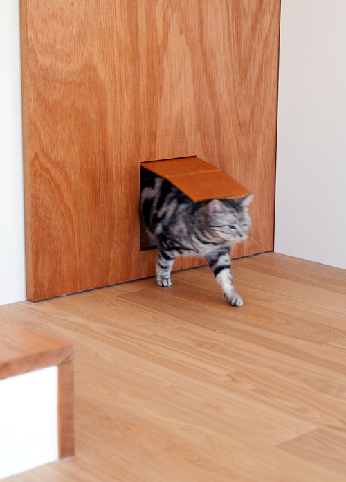 壁やドアに穴が開いているのが気になる、という方はこのように扉をつけてみては？ネコが押すとパタンと開く扉なら、全体の雰囲気を邪魔することなく取り入れられますよ。