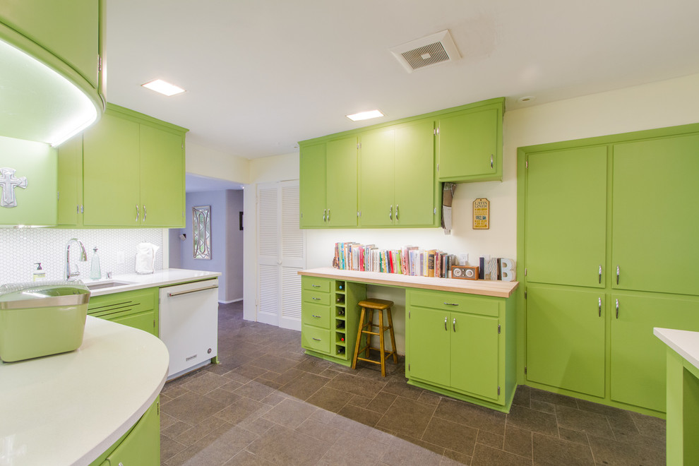 This is an example of a large midcentury l-shaped separate kitchen in Milwaukee with an undermount sink, green cabinets, quartz benchtops, white splashback, porcelain splashback, white appliances, slate floors, no island, grey floor and yellow benchtop.