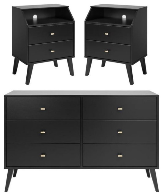 Home Square 3Piece Set with 2 Modern Nightstands with Cubby & Double
