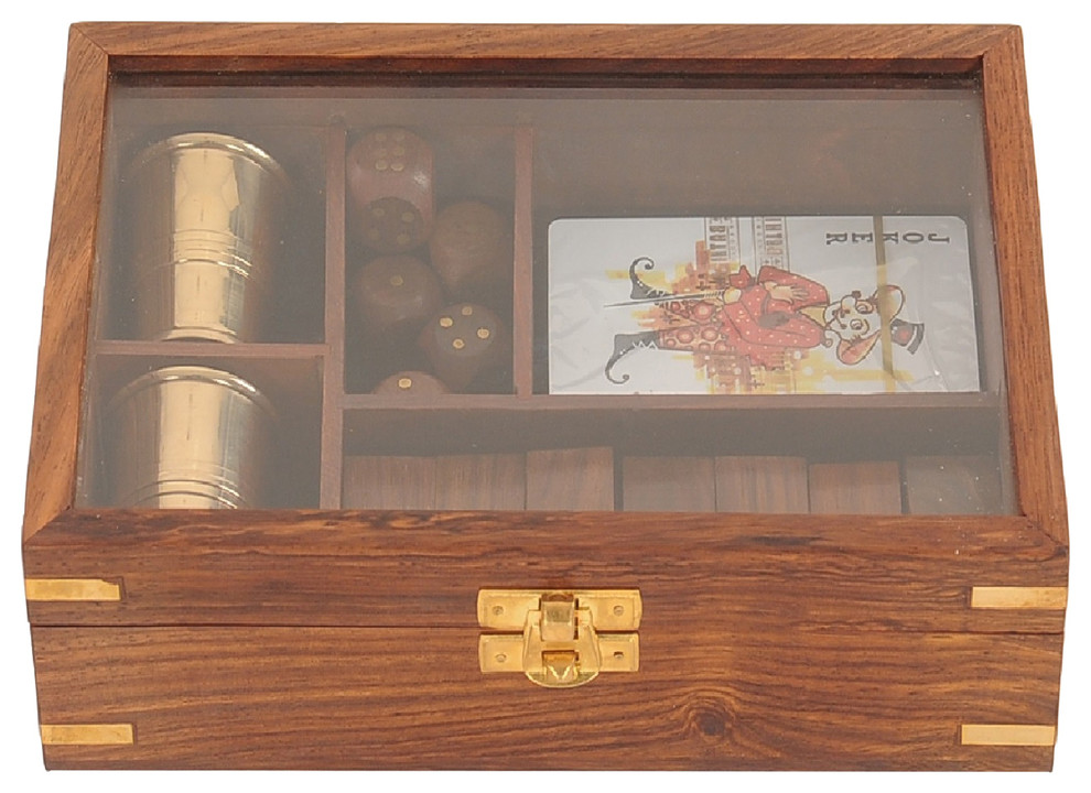 Wooden Game Set With Brass Goblet Transitional Board Games And Card