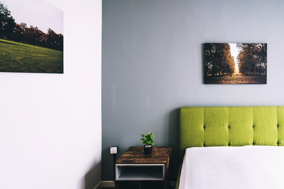 Inspiration for a modern guest medium tone wood floor and brown floor bedroom remodel with multicolored walls