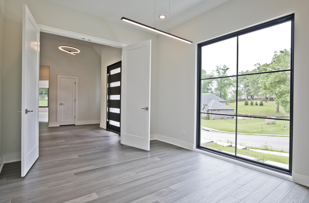 This is an example of a large contemporary front door in Other with white walls, medium hardwood floors, a single front door, a black front door and grey floor.