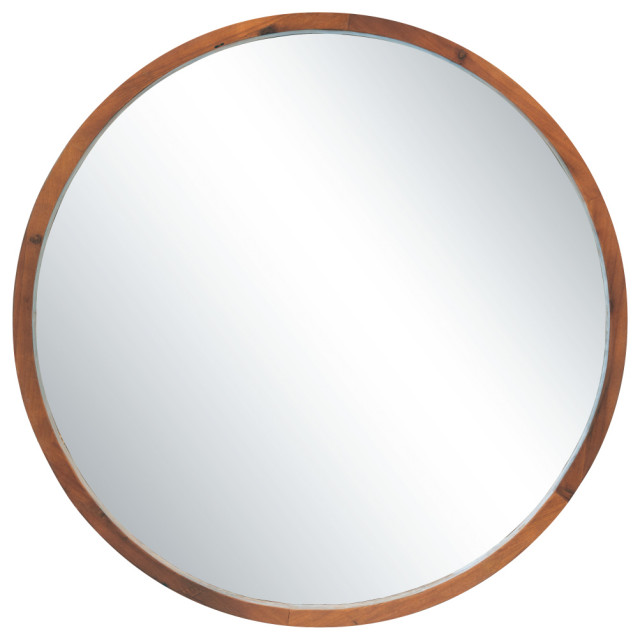 22" Round Wood Wall Mirror, Large, Walnut Brown