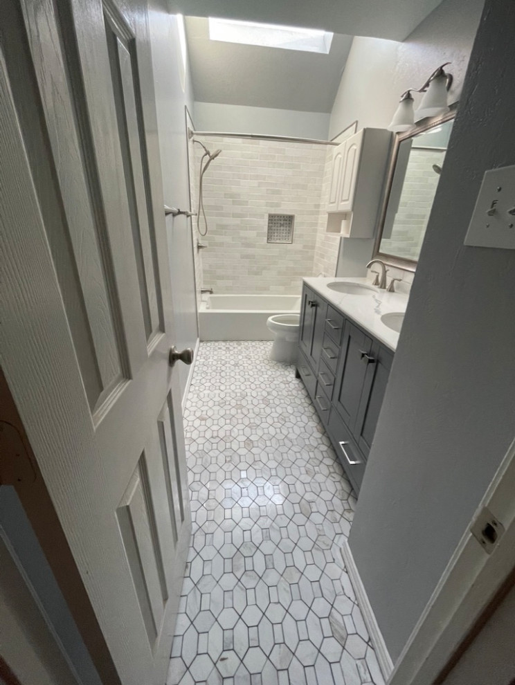 This is an example of a small contemporary family bathroom in Dallas with a walk-in shower, white tiles, metro tiles, mosaic tile flooring, a submerged sink, granite worktops, white floors, a sliding door, a wall niche, double sinks and a freestanding vanity unit.