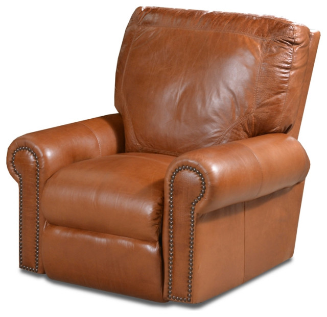Maklaine American Made Nailhead Trim Leather Power Recliner in Caramel