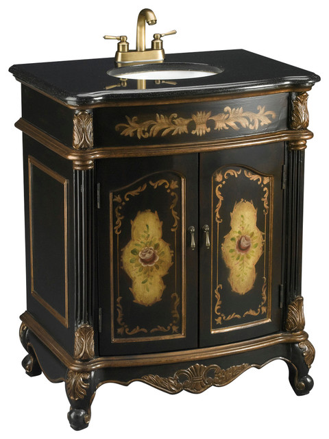 Hand Painted Black Vanity Sink With Fl Design And Granite