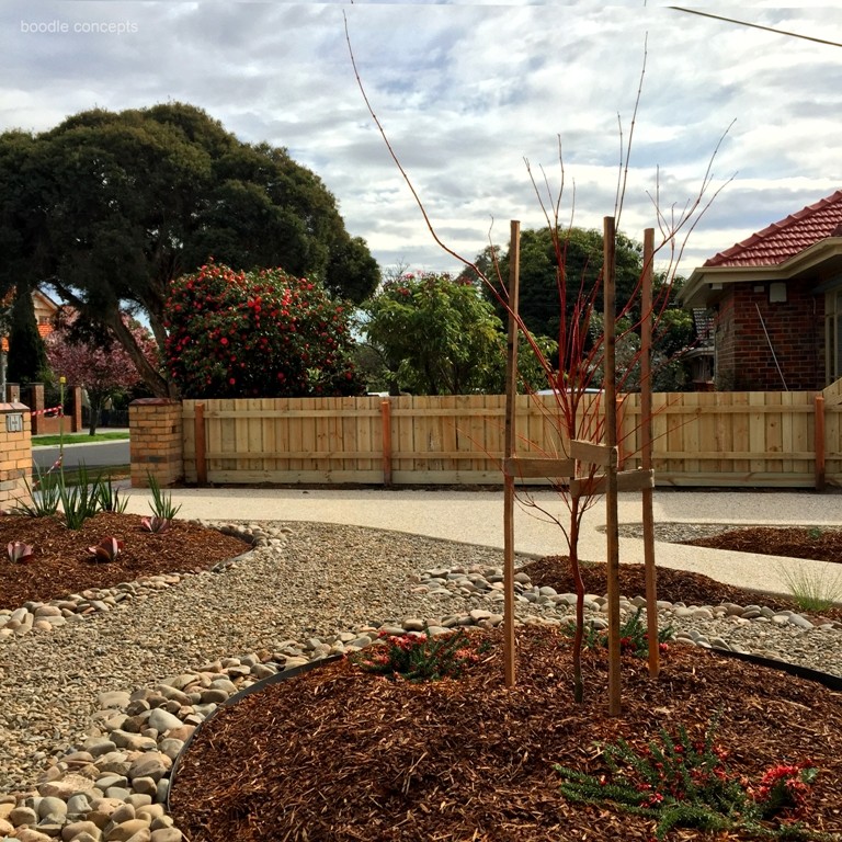This is an example of a large eclectic front yard full sun formal garden for winter in Melbourne with a garden path and mulch.