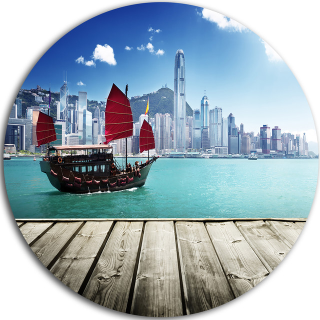 Hong Kong Harbor, Photography Round Wall Art - Asian - Metal Wall Art