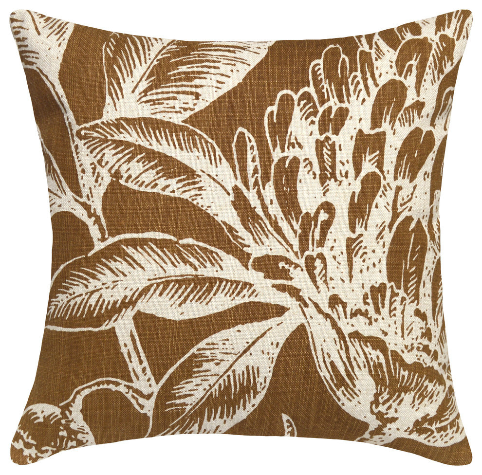 Floral Printed Linen Pillow With Feather-Down Insert, Caramel