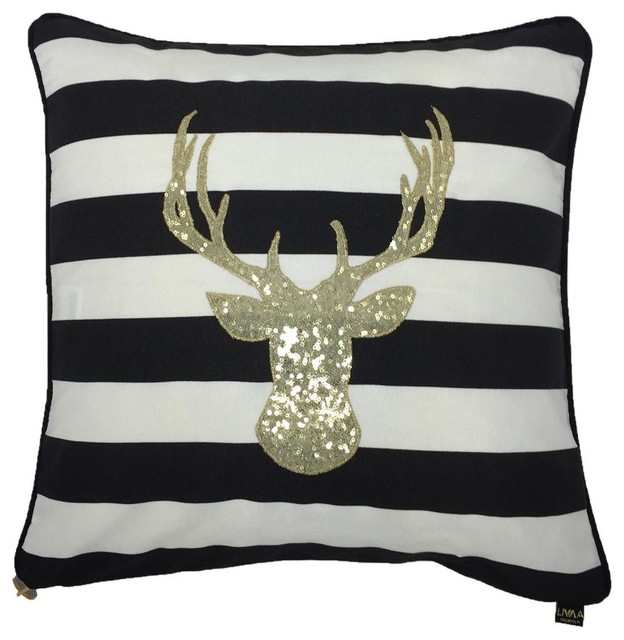 Glam Deer Sequin Stripe Cushion Cover, Black and White