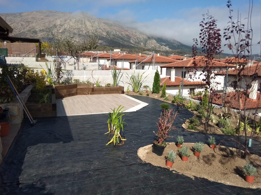 Diseño de acceso privado in patio trasero With borde del césped, exposición parcial al sol, mantillo and con metal
