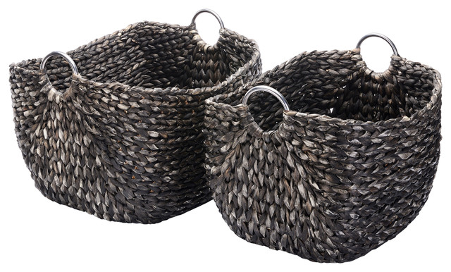Villacera Tessa 15" Tall Wicker Water Hyacinth Rectangle Baskets Set of 2 Black