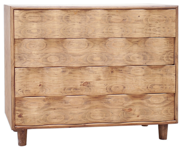 Luxe Mid Century Curved Light Wood Ripple Accent Chest 4 Drawer