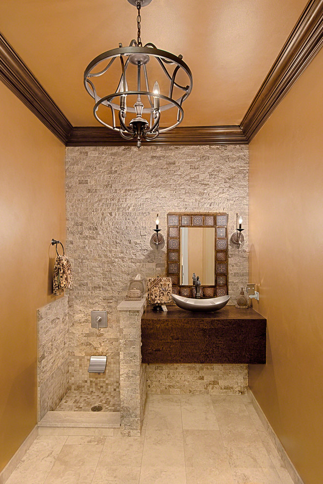 Photo of a mid-sized traditional 3/4 bathroom in Chicago with flat-panel cabinets, dark wood cabinets, a corner shower, beige tile, stone tile, beige walls, ceramic floors, a vessel sink, wood benchtops, orange floor, an open shower and brown benchtops.