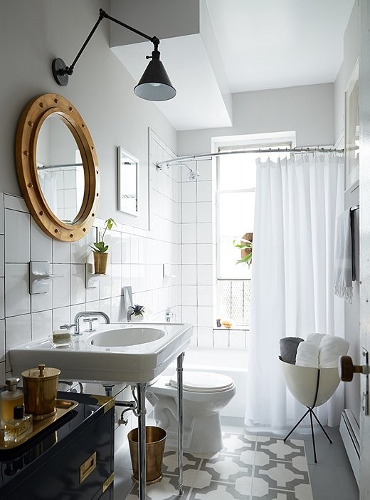 Design ideas for a small transitional master bathroom in New York with black cabinets, an alcove tub, a shower/bathtub combo, a two-piece toilet, white tile, ceramic tile, grey walls, linoleum floors, a console sink and solid surface benchtops.