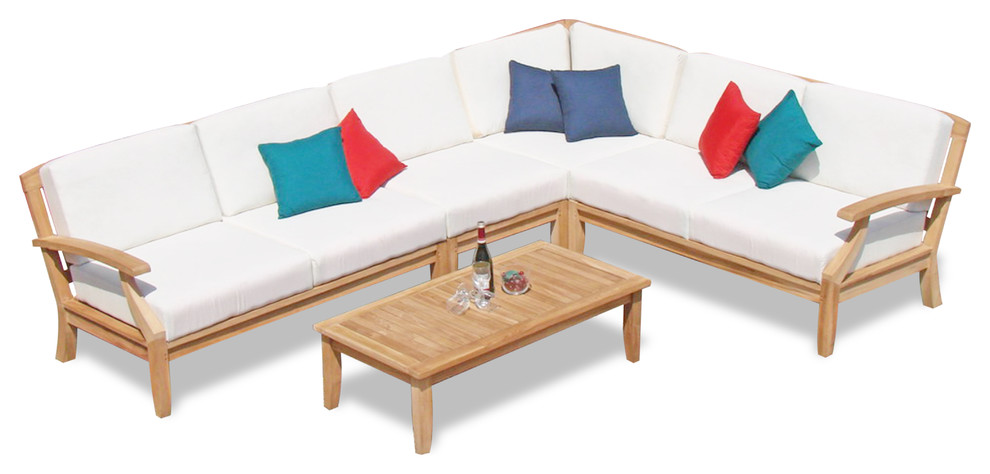 5-Piece Sam Outdoor Teak Sectional Sofa Set & Sunbrella Cushions Canvas White