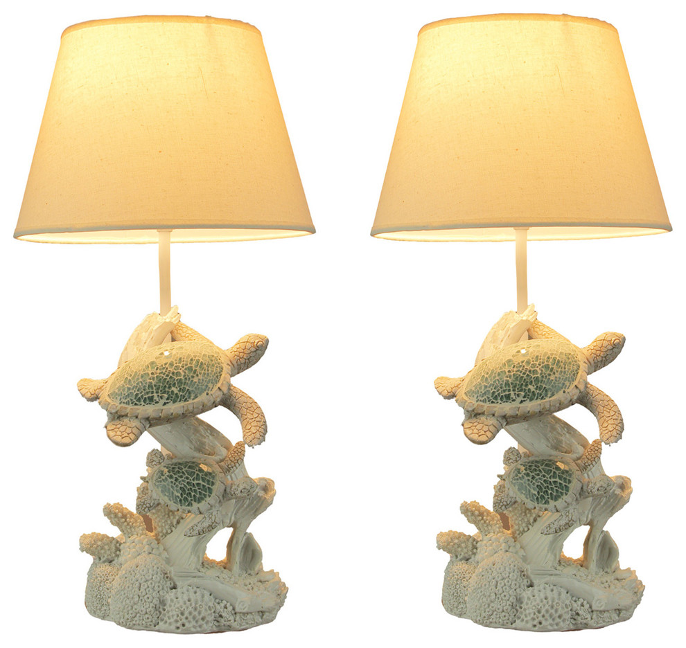 Mosaic Swimming Sea Turtles Coastal Sea Life Table Lamp Set of 2