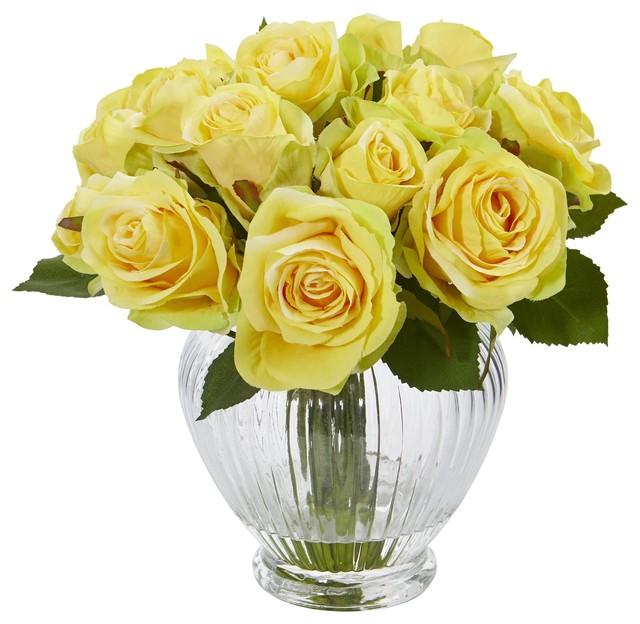 Artificial Flowers 9 Inch Yellow Rose Floral Arrangement In