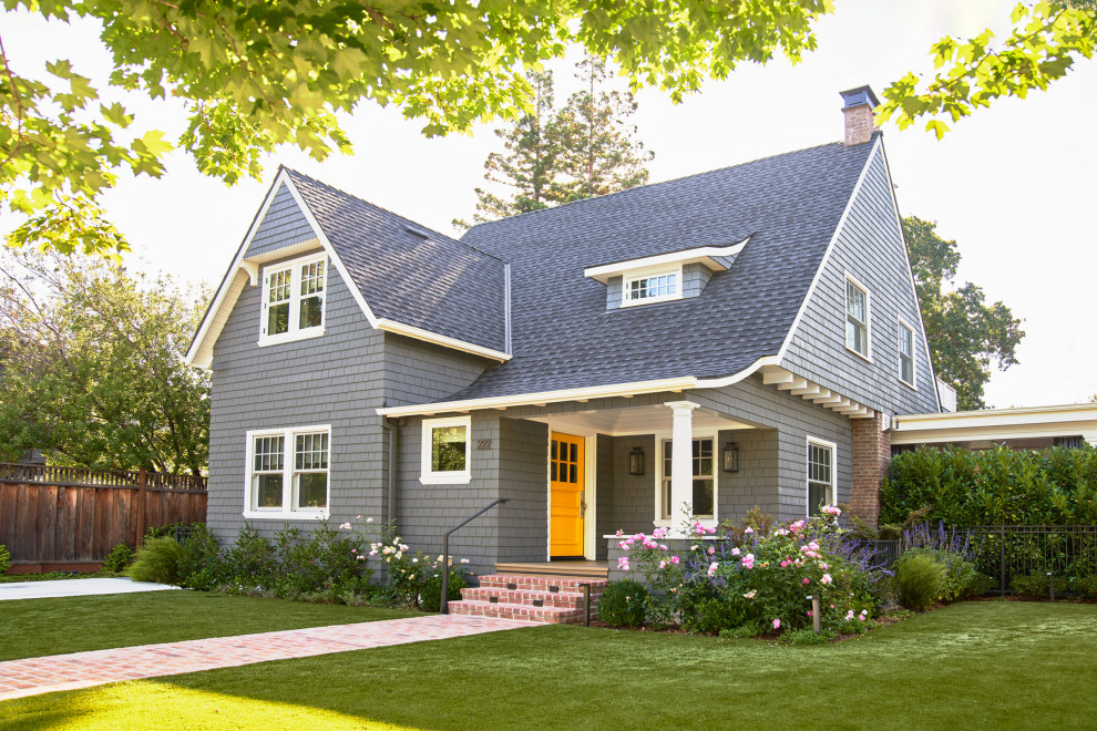 Traditional blue two-story wood and shingle exterior home idea in San Francisco with a shingle roof and a gray roof
