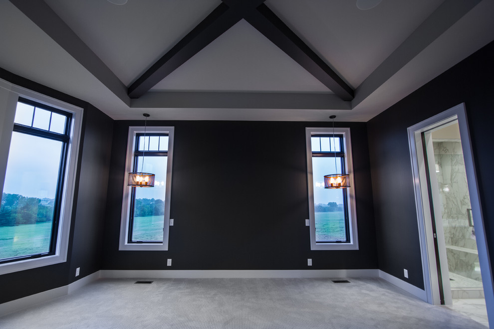 This is an example of a large transitional master bedroom in Omaha with grey walls, carpet, a hanging fireplace and a stone fireplace surround.