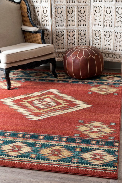 Southwestern Flamestitch Tribal Diamond Area Rug, Beige, Red, 5'x7'5"