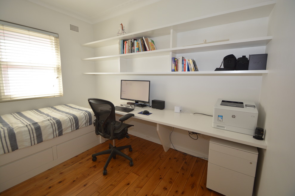 Design ideas for a small contemporary study room in Sydney with a built-in desk.