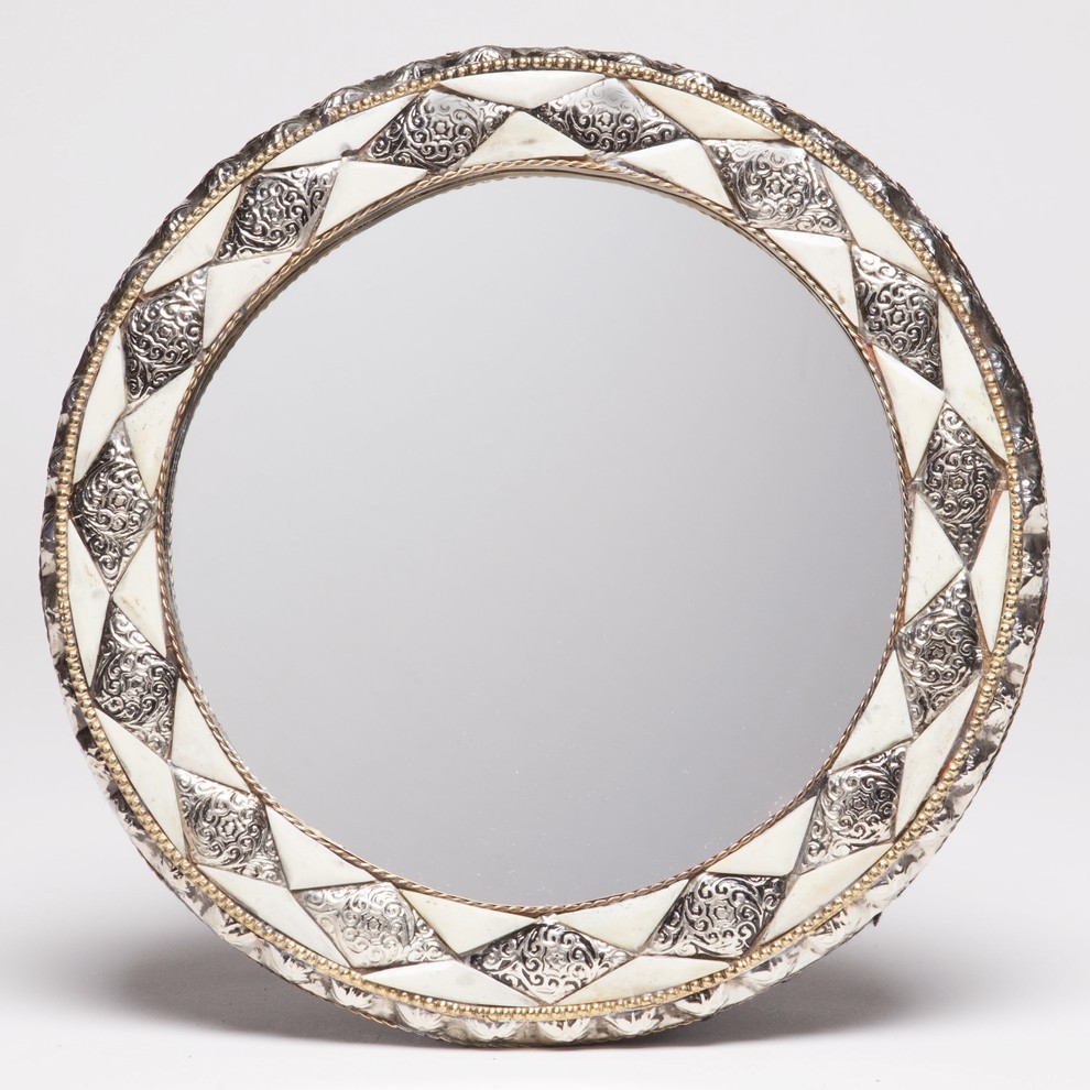 11" Round Moroccan White Bone Mirror