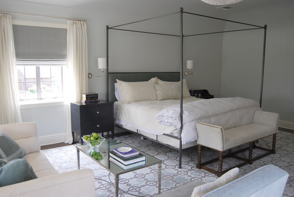 Design ideas for a transitional master bedroom in New York with grey walls and dark hardwood floors.