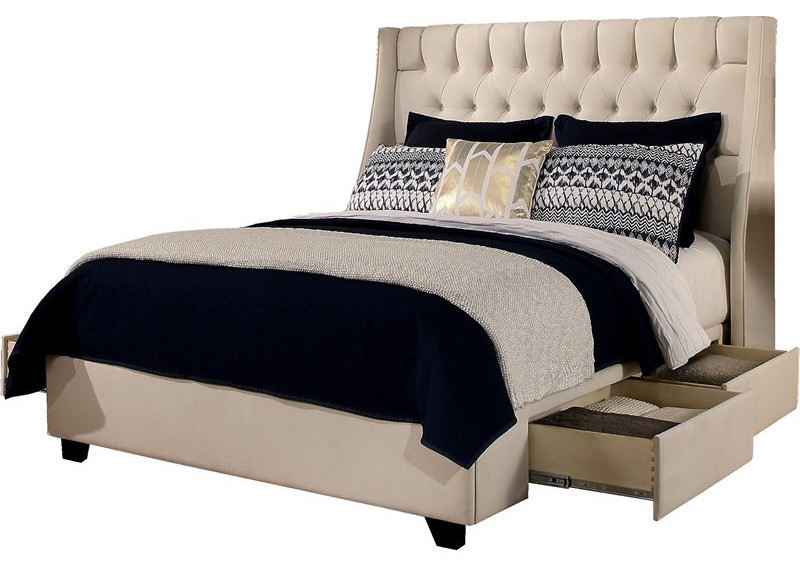 Cambridge Fabric Upholstered "Steel-Core" Platform King Bed/4-Drawers Ivory