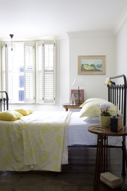 Muted colour shutters eclectic-bedroom